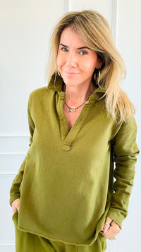 Eileen Cozy Lounge Collar Pullover Top - Camo Green-110 Long Sleeve Tops-MONO B-Coastal Bloom Boutique, find the trendiest versions of the popular styles and looks Located in Indialantic, FL