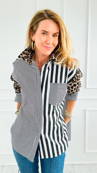 Leopard Stripe Italian Woven Blouse-110 Long Sleeve Tops-TATTOO Z-Coastal Bloom Boutique, find the trendiest versions of the popular styles and looks Located in Indialantic, FL