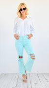 Knee Distressed High Rise Straight Jeans - Mint-190 Denim-Risen-Coastal Bloom Boutique, find the trendiest versions of the popular styles and looks Located in Indialantic, FL