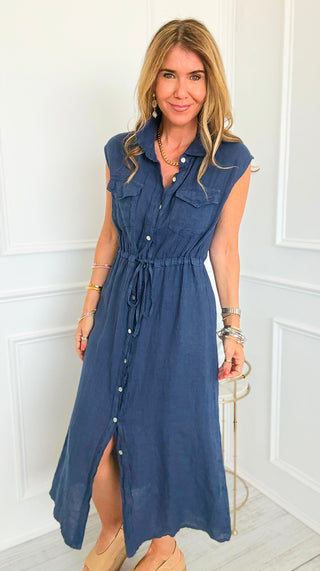 Tie Waist Sleeveless Linen Italian Midi Dress- Navy
