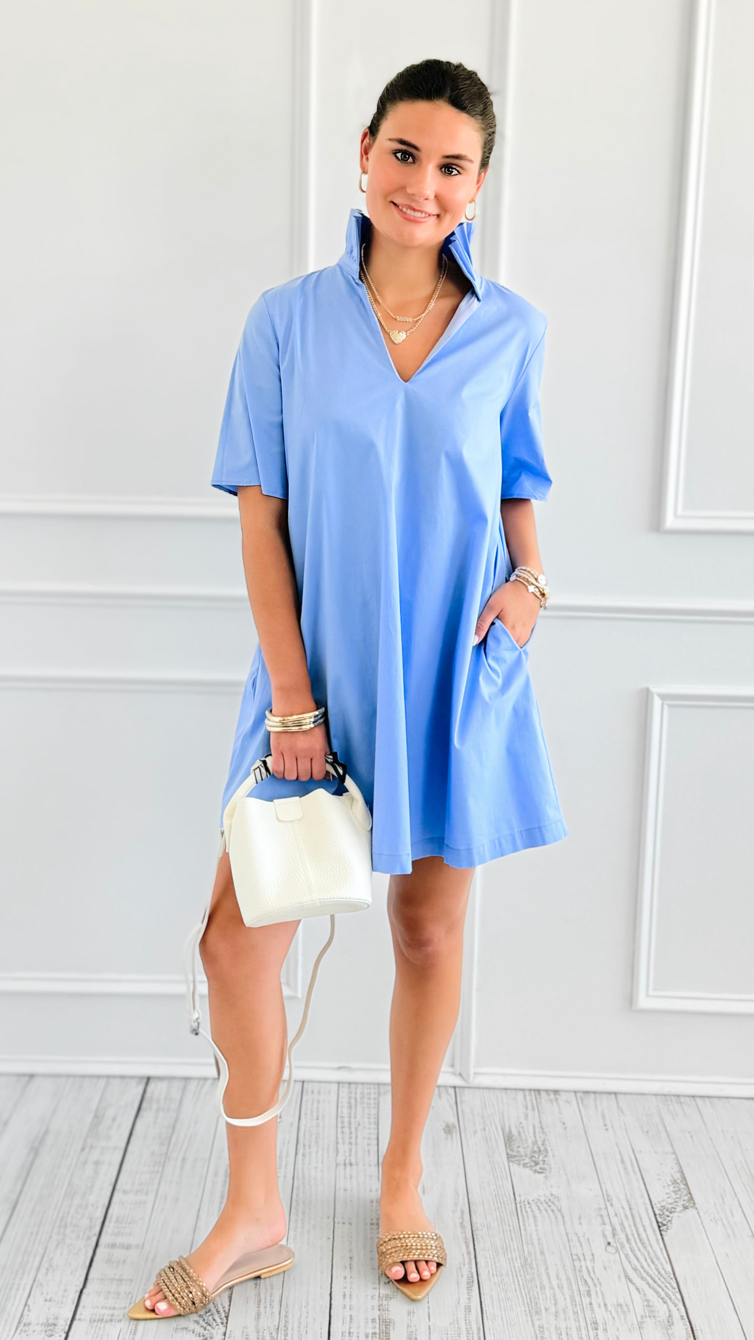 Modern Pleat Poplin Dress - Sky-200 Dresses/Jumpsuits/Rompers-Adrienne-Coastal Bloom Boutique, find the trendiest versions of the popular styles and looks Located in Indialantic, FL