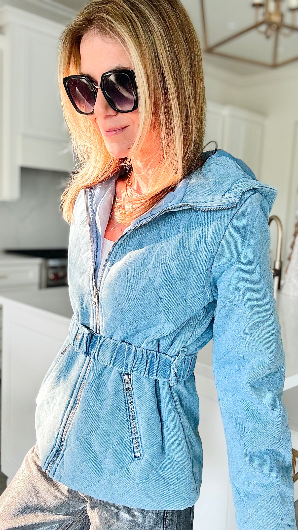 Belted Hoodie Quilting Denim Jacket - Light Denim-160 Jackets-ShopIrisBasic-Coastal Bloom Boutique, find the trendiest versions of the popular styles and looks Located in Indialantic, FL