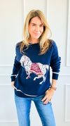 Equestrian Parade Italian Sweater- Navy-140 Sweaters-K2-Coastal Bloom Boutique, find the trendiest versions of the popular styles and looks Located in Indialantic, FL