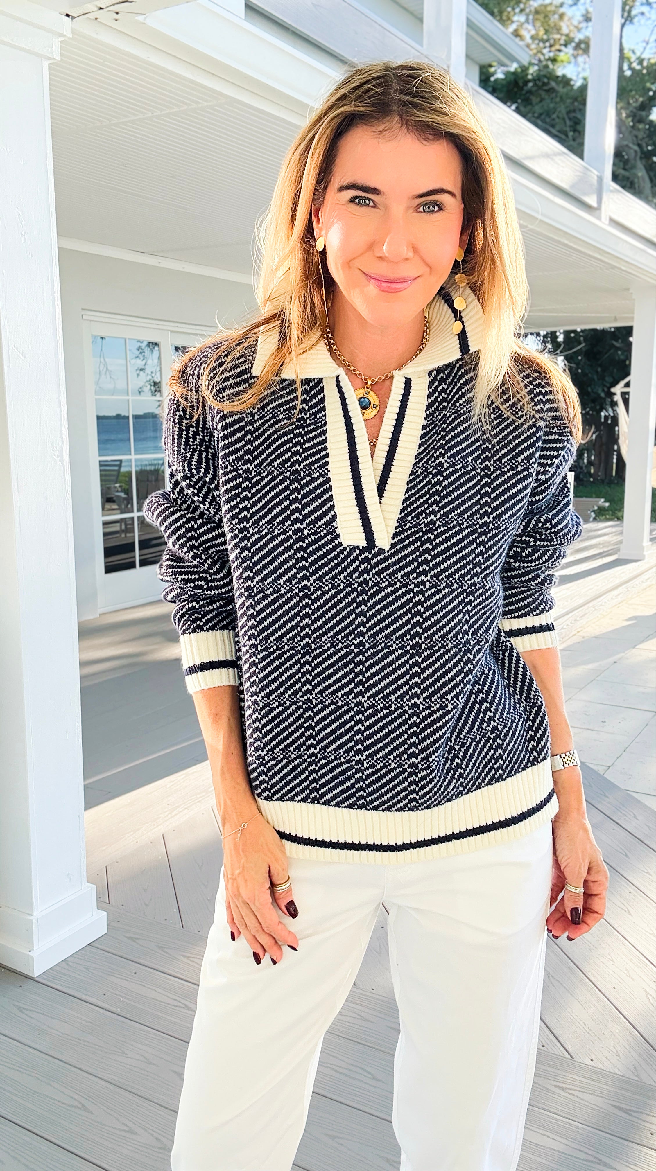 Geometric Stripe Collared Sweater-140 Sweaters-Blu Pepper-Coastal Bloom Boutique, find the trendiest versions of the popular styles and looks Located in Indialantic, FL