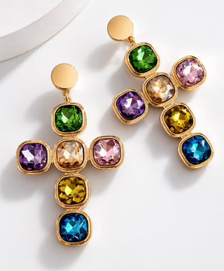 Colorful Cushion Stones Cross Earrings
