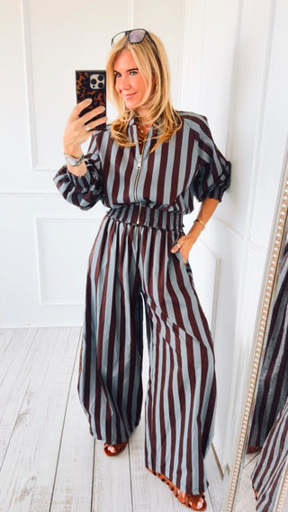 Pre Order - Contrast Italian Stripe Barrel Pant - Grey Blue