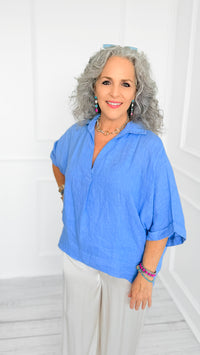 DAMAGED-Soft Days Linen Italian Button Top- Periwinkle-110 short Sleeve Top-PORCIENTO-Coastal Bloom Boutique, find the trendiest versions of the popular styles and looks Located in Indialantic, FL