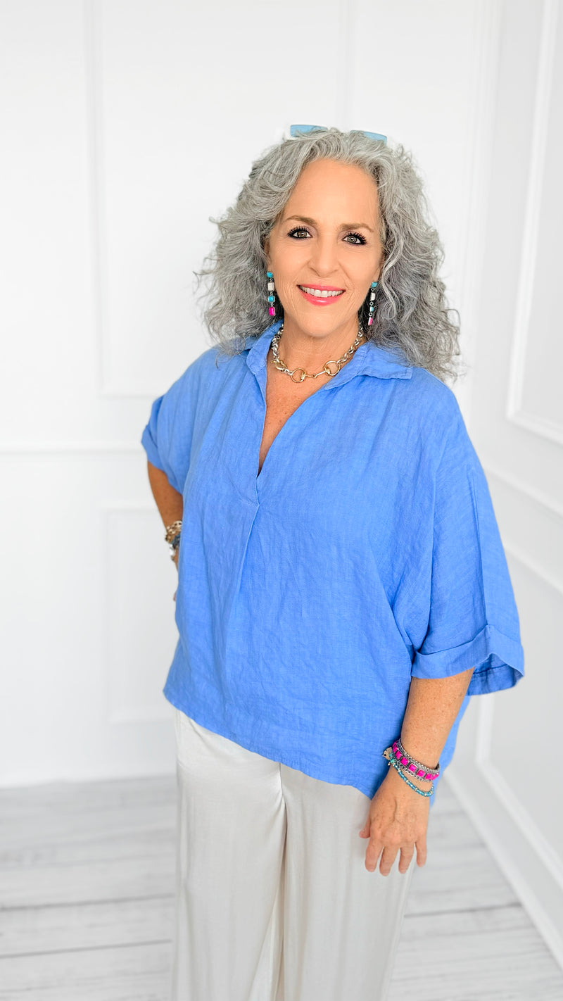 DAMAGED-Soft Days Linen Italian Button Top- Periwinkle-110 short Sleeve Top-PORCIENTO-Coastal Bloom Boutique, find the trendiest versions of the popular styles and looks Located in Indialantic, FL