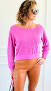 Waffle Knit Cropped Lounge Top - New Orchid-110 Long Sleeve Tops-MONO B-Coastal Bloom Boutique, find the trendiest versions of the popular styles and looks Located in Indialantic, FL