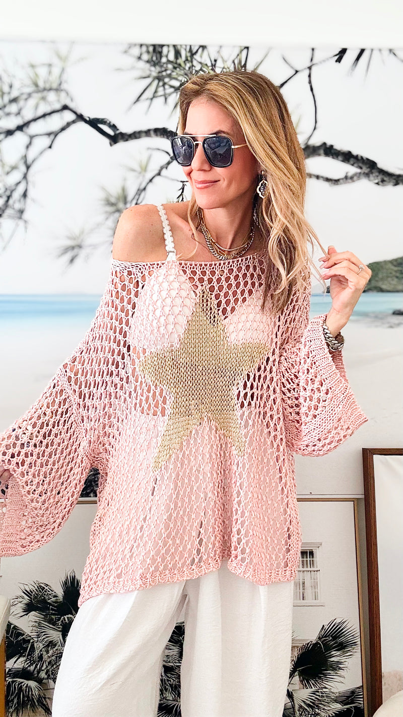 Shining Star Italian Chain Sweater - Blush /Gold-140 Sweaters-Italianissimo-Coastal Bloom Boutique, find the trendiest versions of the popular styles and looks Located in Indialantic, FL