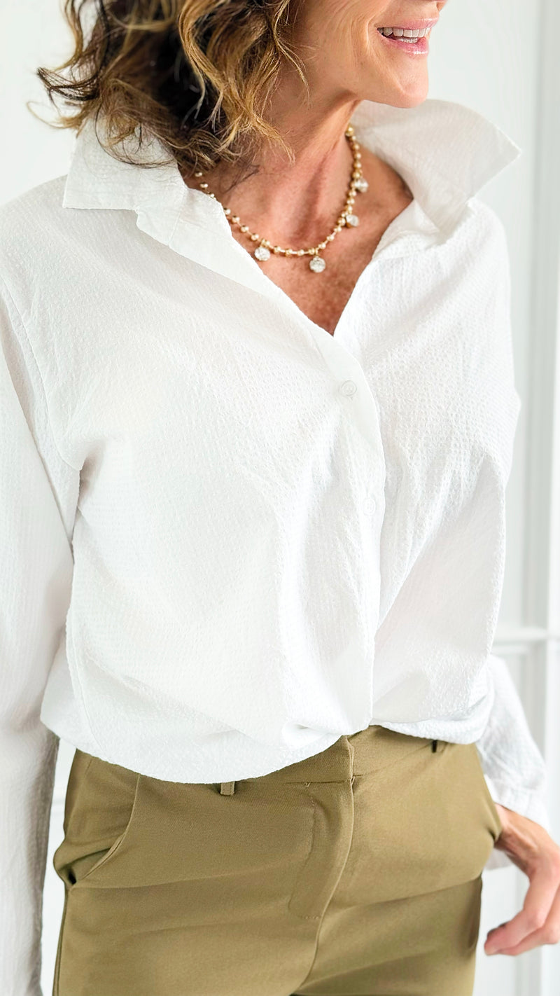 Timeless Texture Italian Button Top- White-110 Long Sleeve Tops-Italianissimo-Coastal Bloom Boutique, find the trendiest versions of the popular styles and looks Located in Indialantic, FL