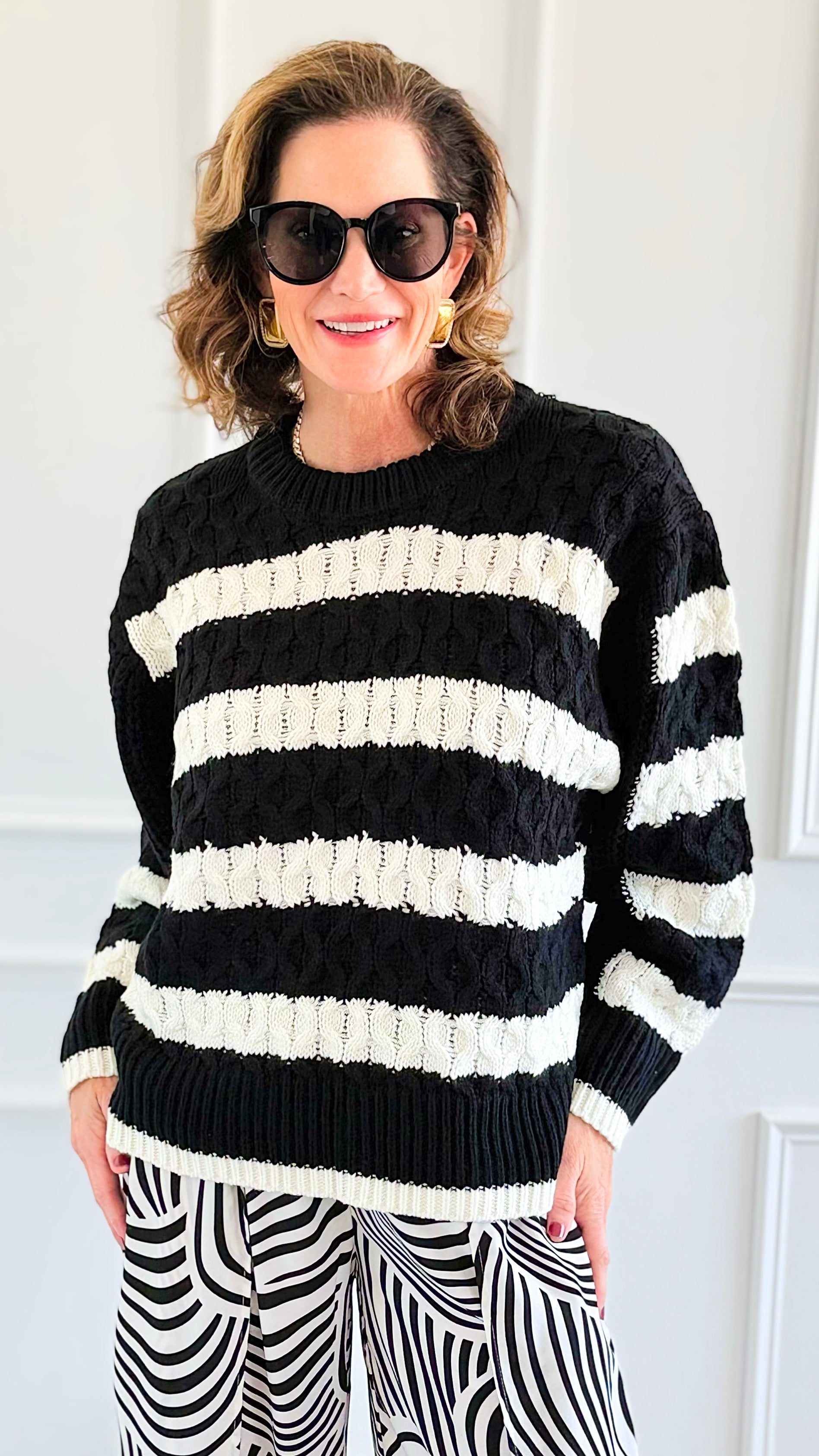 Chic Striped Knit Sweater-140 Sweaters-Rousseau-Coastal Bloom Boutique, find the trendiest versions of the popular styles and looks Located in Indialantic, FL