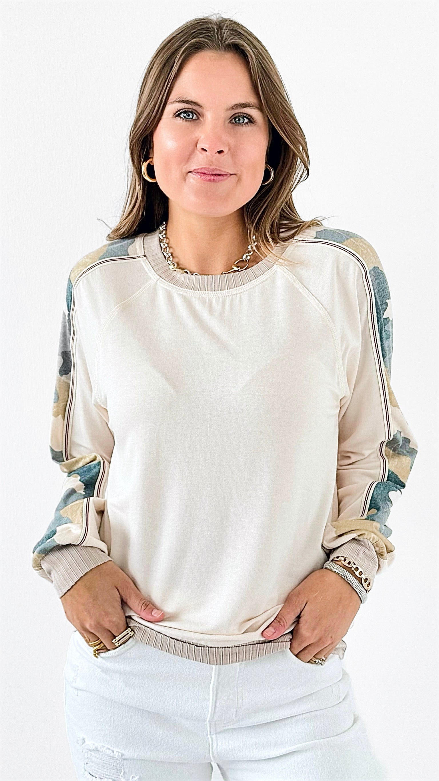 Laid-Back Luxe Camo Top-110 Long Sleeve Tops-mystree-Coastal Bloom Boutique, find the trendiest versions of the popular styles and looks Located in Indialantic, FL