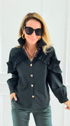 Ruffle Detail Button Down Blouse-130 Long Sleeve Tops-PASTEL DESIGN-Coastal Bloom Boutique, find the trendiest versions of the popular styles and looks Located in Indialantic, FL