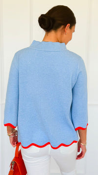 Waves & Whimsy Scallop Sweater- Soft Blue/Orange-140 Sweaters-Fate Inc-Coastal Bloom Boutique, find the trendiest versions of the popular styles and looks Located in Indialantic, FL