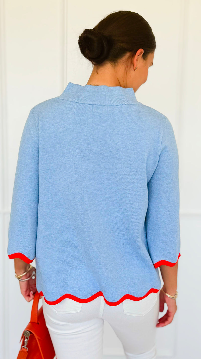 Waves & Whimsy Scallop Sweater- Soft Blue/Orange-140 Sweaters-Fate Inc-Coastal Bloom Boutique, find the trendiest versions of the popular styles and looks Located in Indialantic, FL