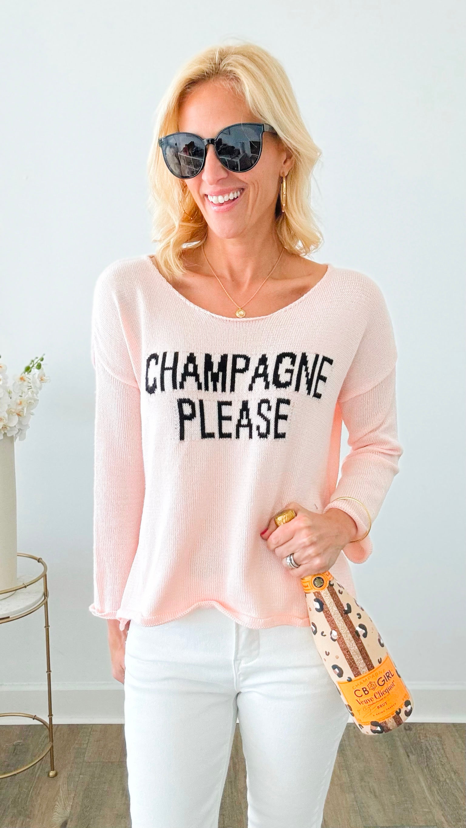 Champagne Please Knit Lightweight Sweater - Blush-140 Sweaters-Miracle-Coastal Bloom Boutique, find the trendiest versions of the popular styles and looks Located in Indialantic, FL