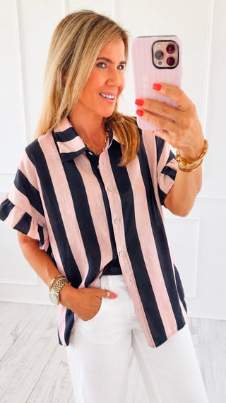 Ruffle Me Up Italian Button Top- Navy/ L.Pink