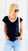 Shimmer Trim V-Neck Italian Top- Black-110 short Sleeve Top-SARL LACOMY-Coastal Bloom Boutique, find the trendiest versions of the popular styles and looks Located in Indialantic, FL