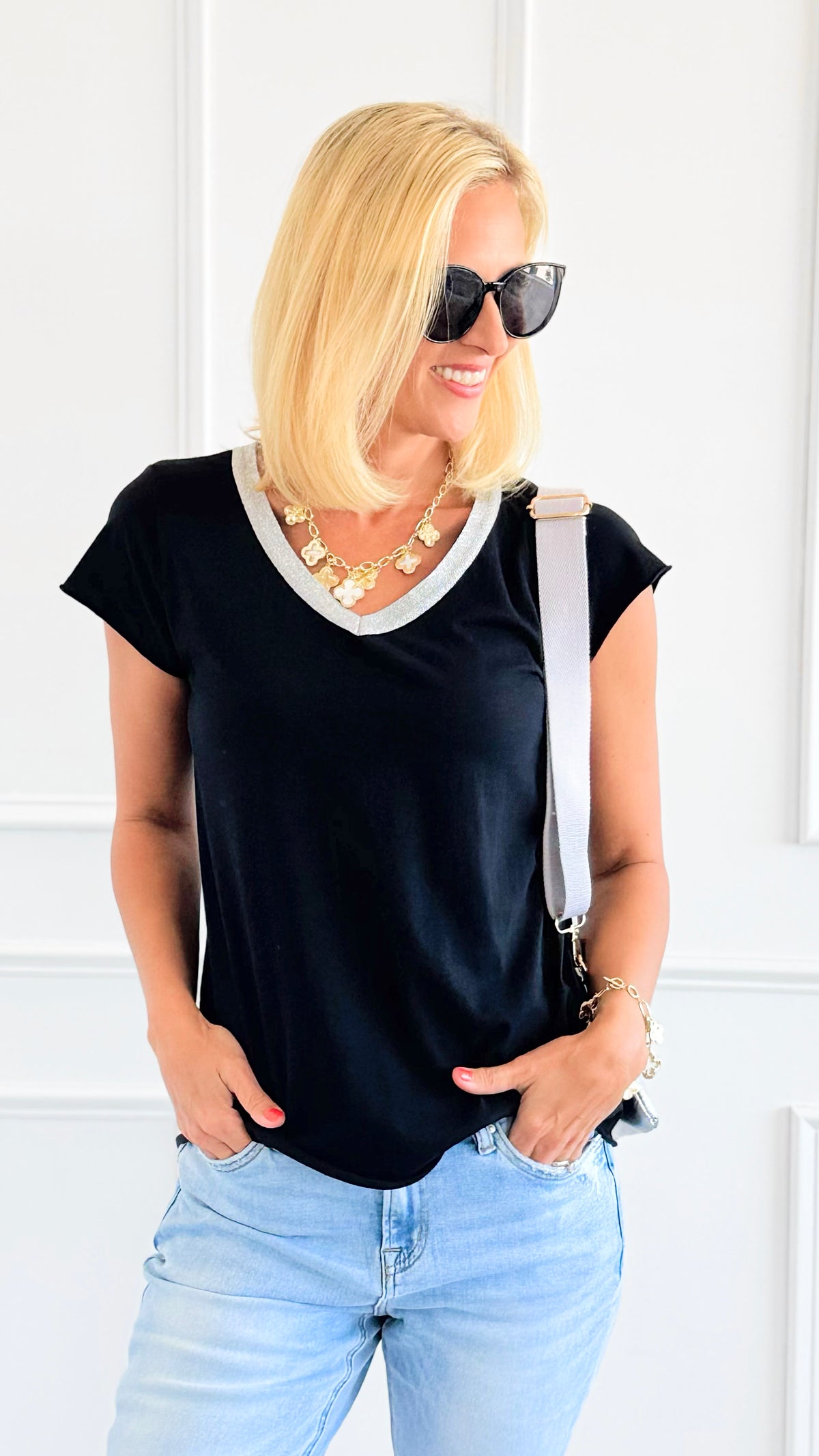 Shimmer Trim V-Neck Italian Top- Black-110 short Sleeve Top-SARL LACOMY-Coastal Bloom Boutique, find the trendiest versions of the popular styles and looks Located in Indialantic, FL