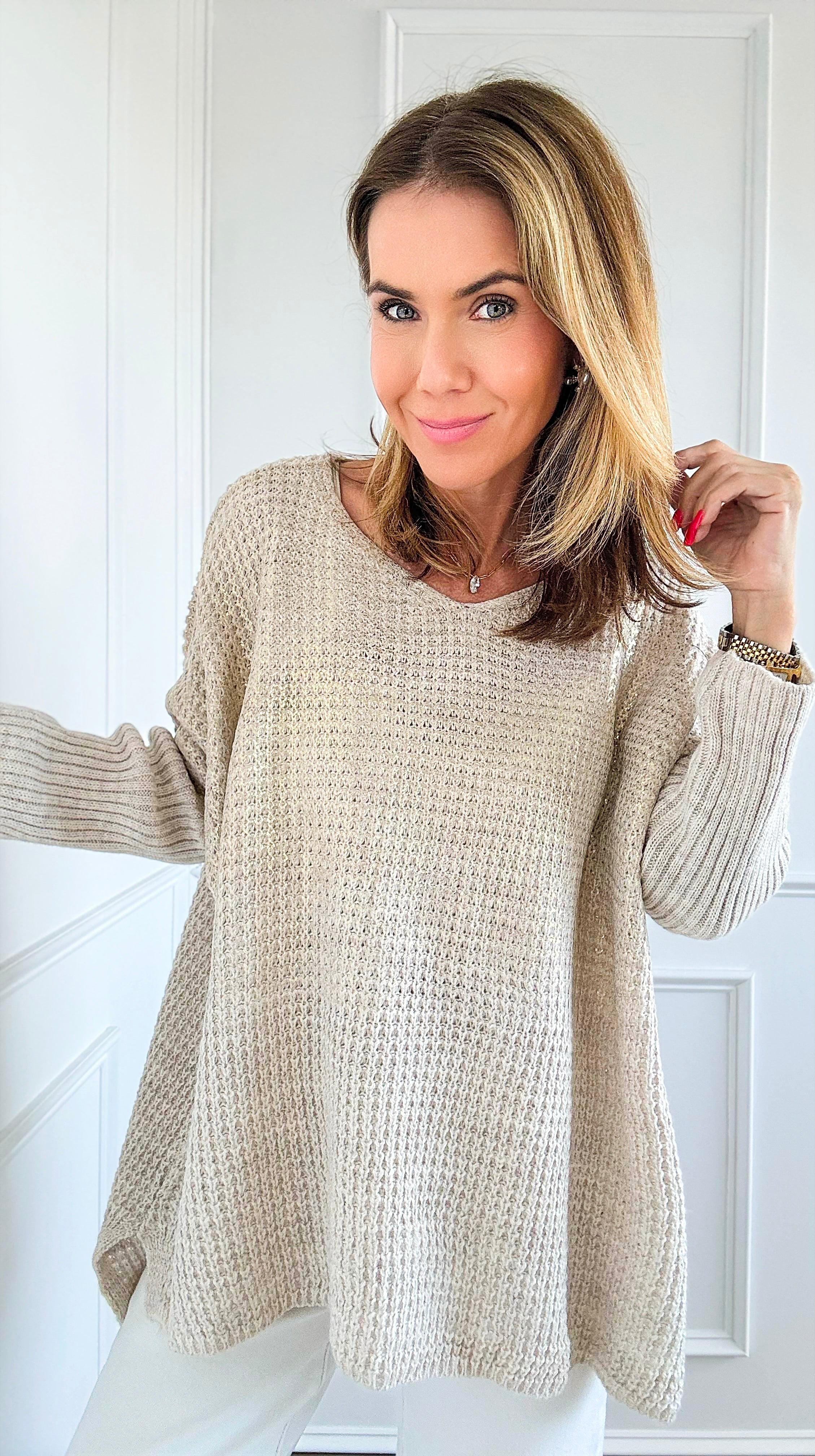 Luminous Italian Sweater- Ecru/Gold-140 Sweaters-Italianissimo-Coastal Bloom Boutique, find the trendiest versions of the popular styles and looks Located in Indialantic, FL