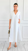Pleated Collar Midi Dres-White-200 Dresses/Jumpsuits/Rompers-Adrienne-Coastal Bloom Boutique, find the trendiest versions of the popular styles and looks Located in Indialantic, FL