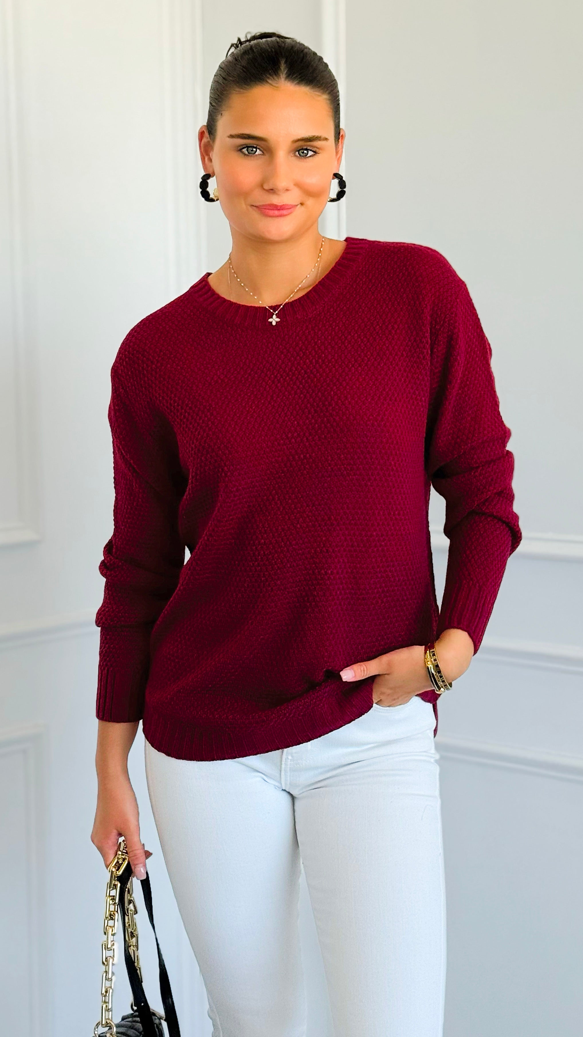 Round Neck Basic Sweater - Cabernet-140 Sweaters-Zenana-Coastal Bloom Boutique, find the trendiest versions of the popular styles and looks Located in Indialantic, FL