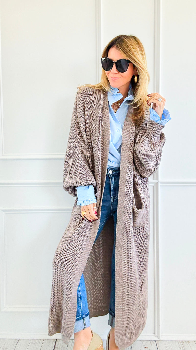 Sugar High Long Italian Cardigan - Mocha-150 Cardigans/Layers-Italianissimo-Coastal Bloom Boutique, find the trendiest versions of the popular styles and looks Located in Indialantic, FL