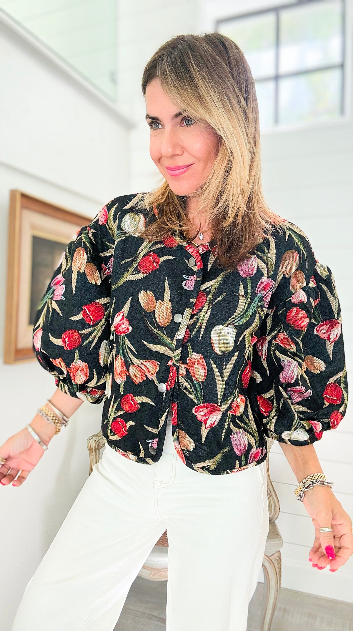 Jacquard Tulips Cropped Puff Jacket-160 Jackets-oddi-Coastal Bloom Boutique, find the trendiest versions of the popular styles and looks Located in Indialantic, FL