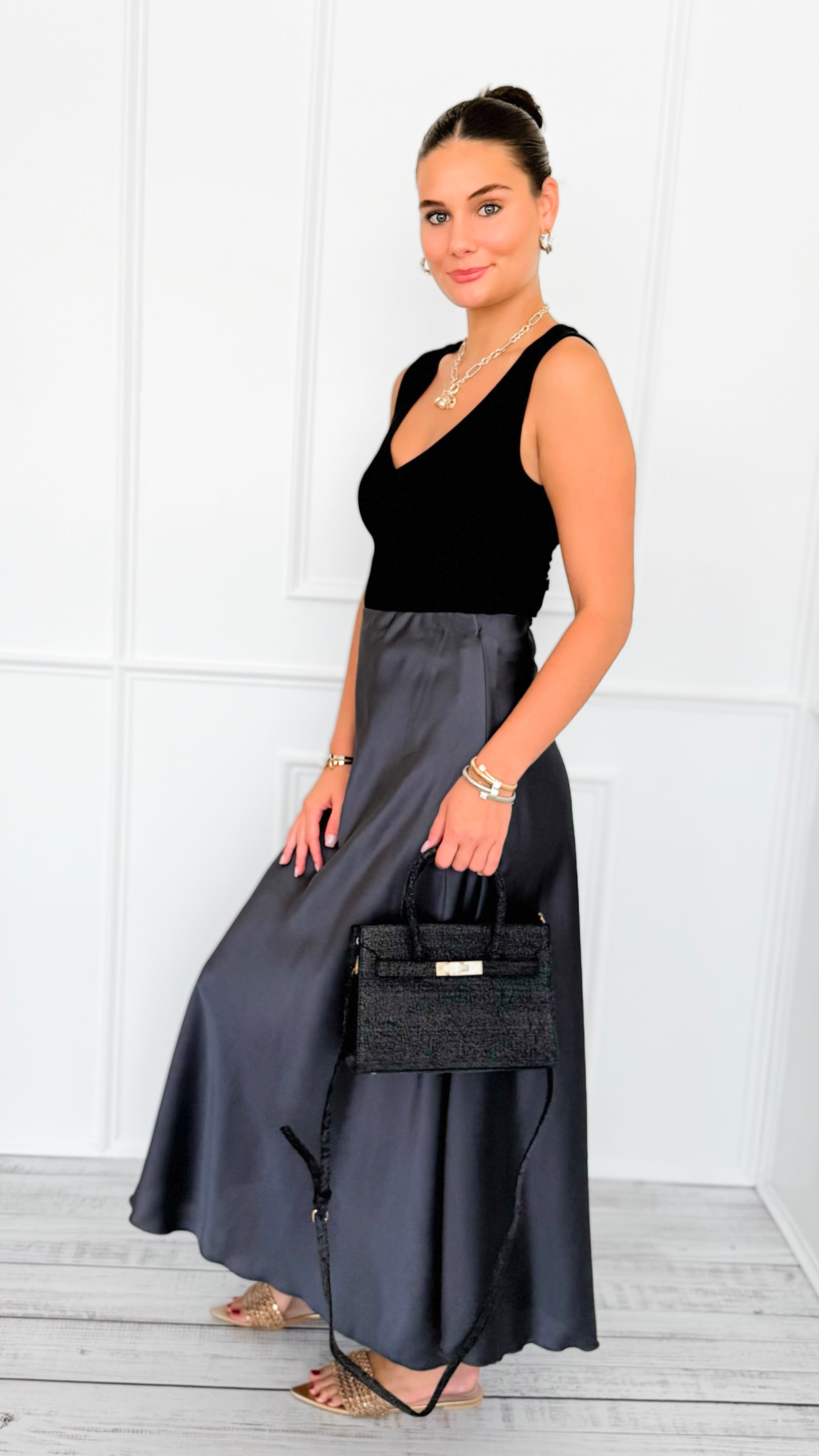 Isabella Italian Skirt- Charcoal-170 Bottoms-SEE YOU IN ROME-Coastal Bloom Boutique, find the trendiest versions of the popular styles and looks Located in Indialantic, FL