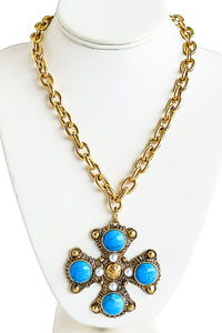 Chunky Majestic Cross Necklace- Blue-230 Jewelry-YOCHI-Coastal Bloom Boutique, find the trendiest versions of the popular styles and looks Located in Indialantic, FL