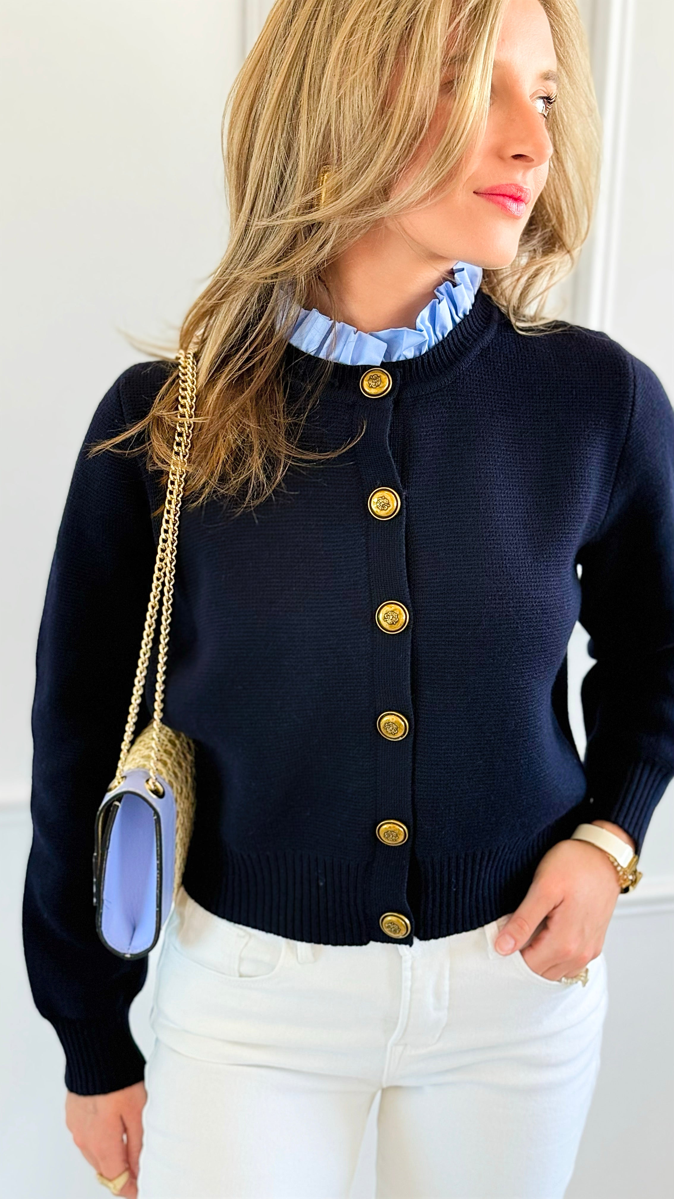 Chic Ruffle Button Down Cardigan-150 Cardigans/Layers-LALAVON-Coastal Bloom Boutique, find the trendiest versions of the popular styles and looks Located in Indialantic, FL