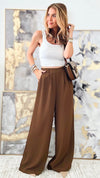 Pleated Solid Pants - Brown-170 Bottoms-EESOME-Coastal Bloom Boutique, find the trendiest versions of the popular styles and looks Located in Indialantic, FL