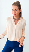 Satinesque Blouse Top - Vanilla-130 Long Sleeve Tops-Be Cool-Coastal Bloom Boutique, find the trendiest versions of the popular styles and looks Located in Indialantic, FL