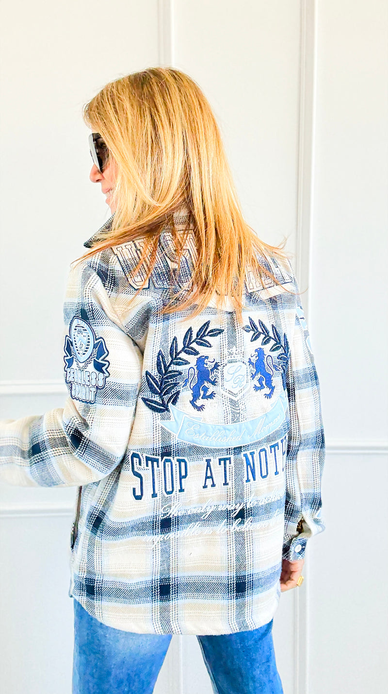 Frosted Plaid Varsity Shacket-160 Jackets-SMOKE RISE RED-Coastal Bloom Boutique, find the trendiest versions of the popular styles and looks Located in Indialantic, FL
