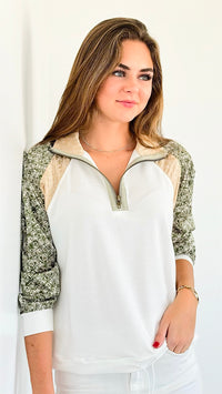 Patchwork Charm Quarter-Zip Sweatshirt-130 Long Sleeve Tops-mystree-Coastal Bloom Boutique, find the trendiest versions of the popular styles and looks Located in Indialantic, FL