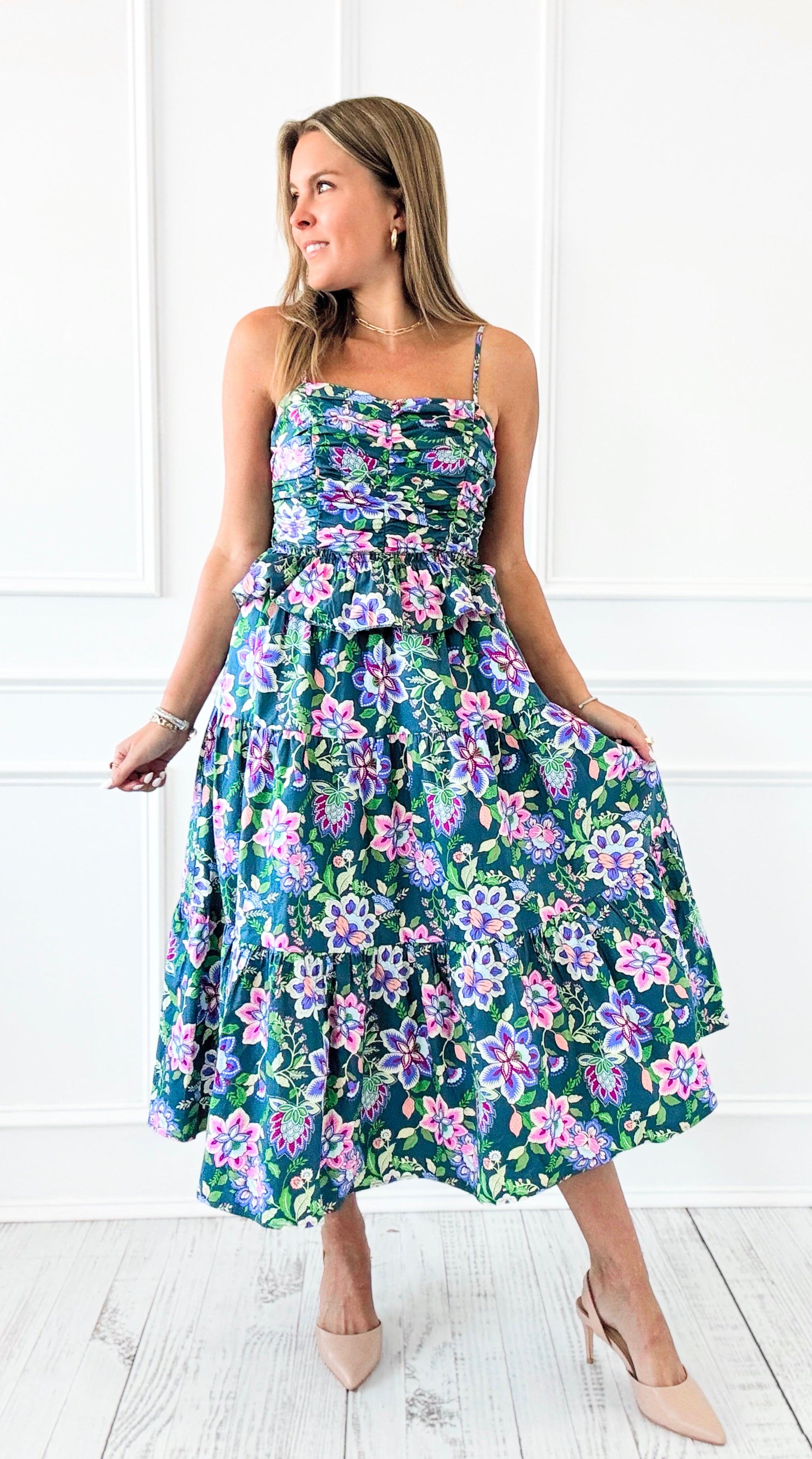 Garden Muse Smocked Floral Midi Dress-200 Dresses/Jumpsuits/Rompers-listicle-Coastal Bloom Boutique, find the trendiest versions of the popular styles and looks Located in Indialantic, FL