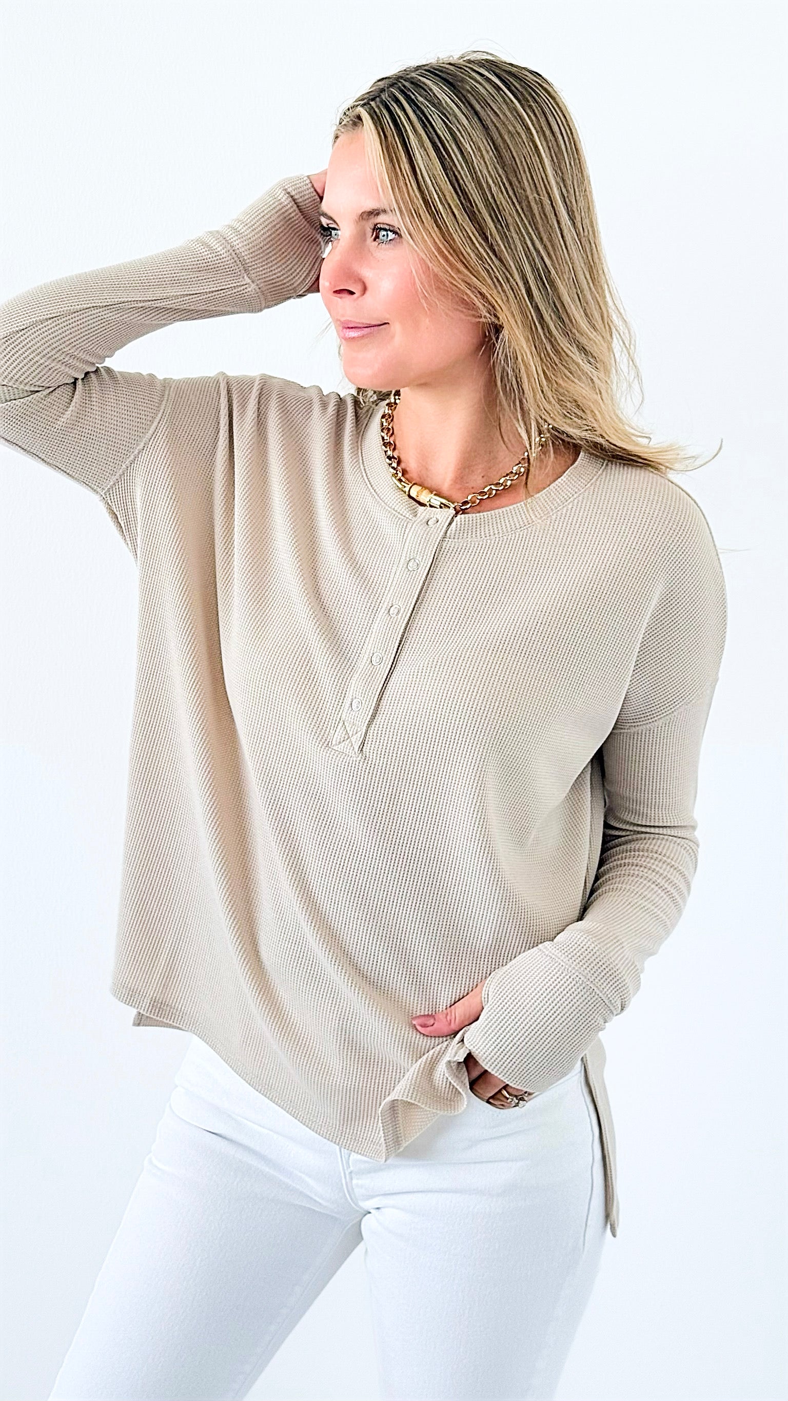 Button-Front Waffle Knit Top - Sand Beige-110 Long Sleeve Tops-Zenana-Coastal Bloom Boutique, find the trendiest versions of the popular styles and looks Located in Indialantic, FL