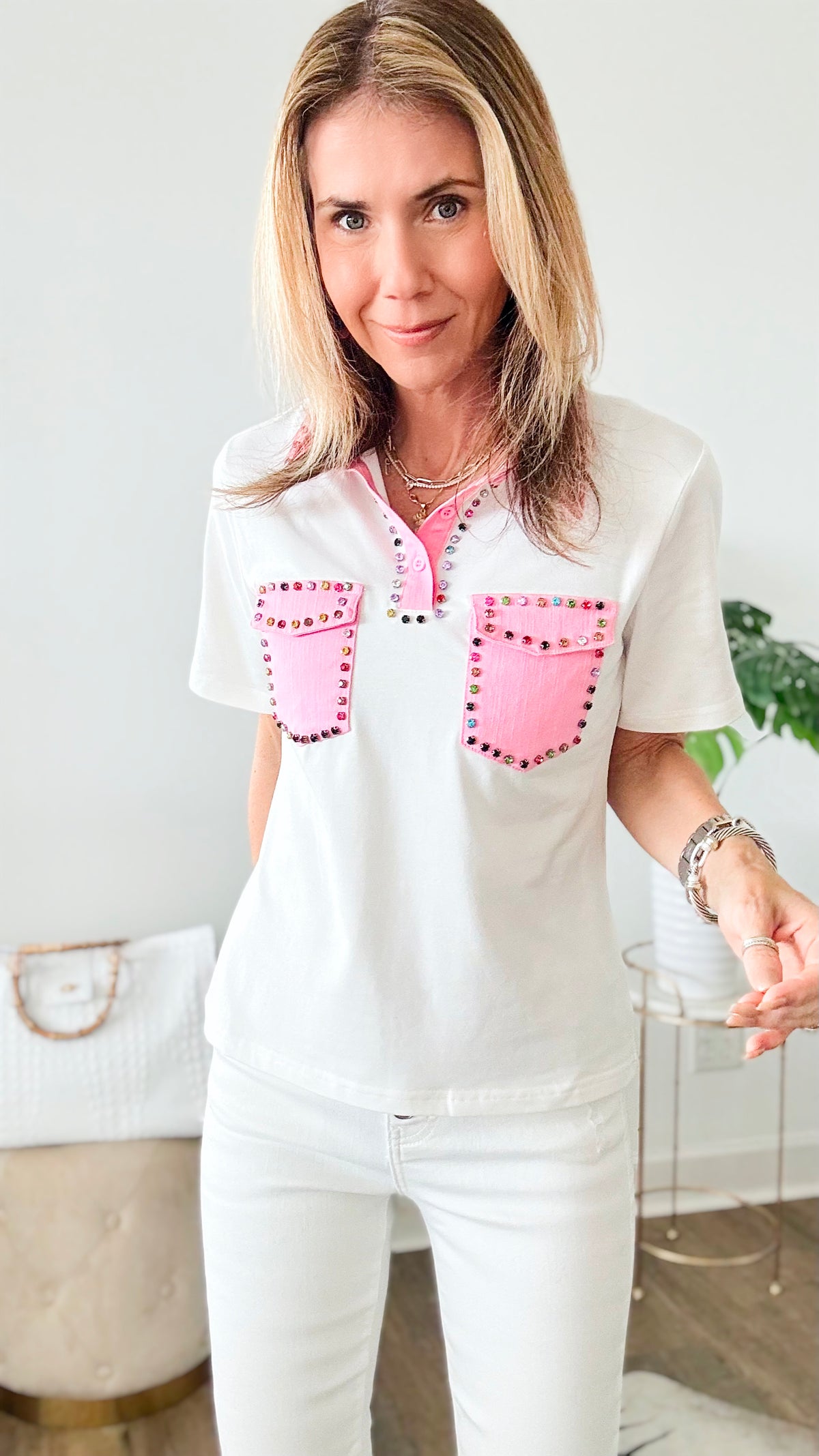 Colorful Rhinestone Short Sleeve T-Shirt-110 Short Sleeve Tops-pastel design-Coastal Bloom Boutique, find the trendiest versions of the popular styles and looks Located in Indialantic, FL