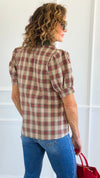 Checked Charm Puff Sleeve Top - Taupe-110 Short Sleeve Tops-entro-Coastal Bloom Boutique, find the trendiest versions of the popular styles and looks Located in Indialantic, FL