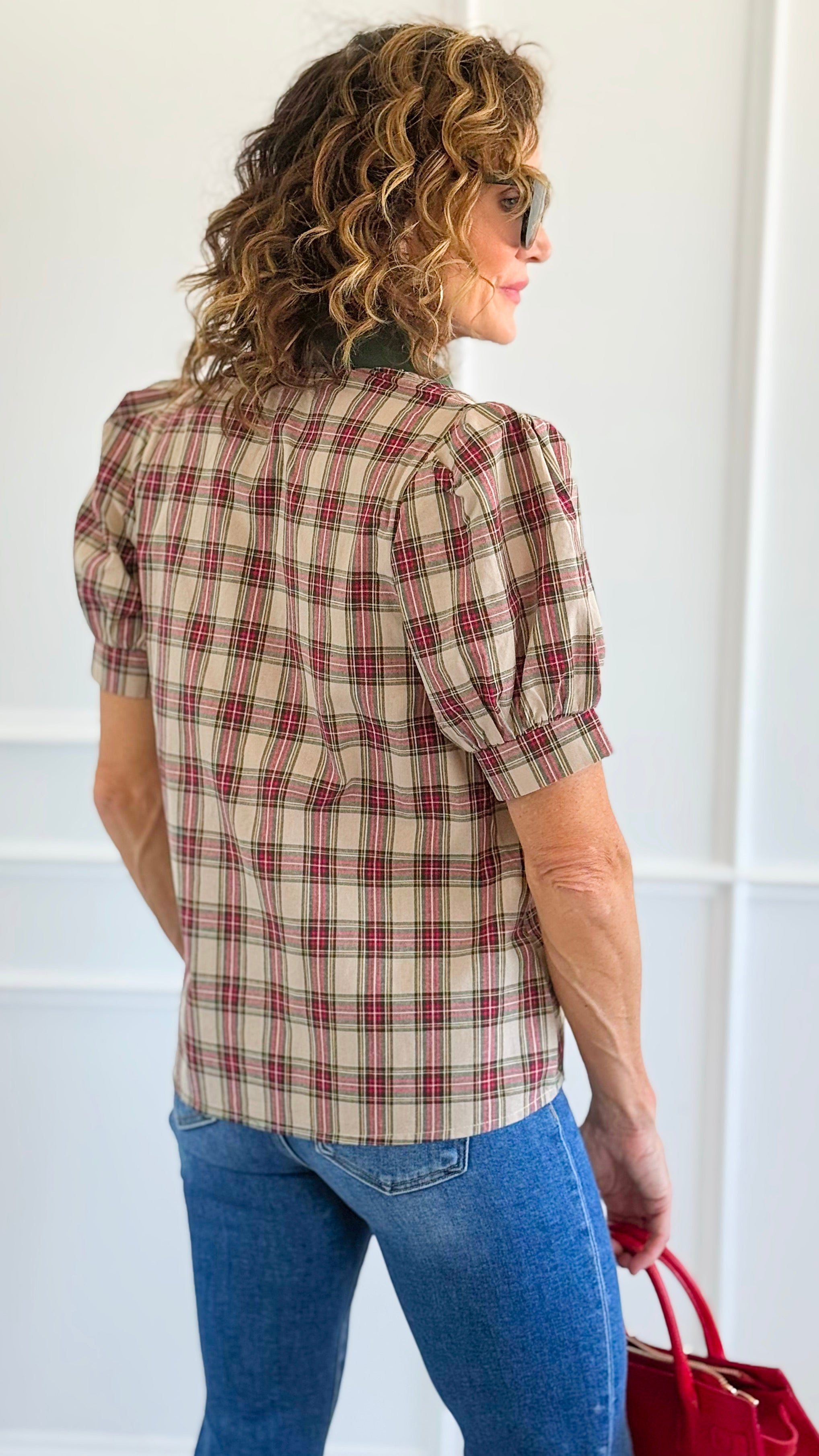 Checked Charm Puff Sleeve Top - Taupe-110 Short Sleeve Tops-entro-Coastal Bloom Boutique, find the trendiest versions of the popular styles and looks Located in Indialantic, FL