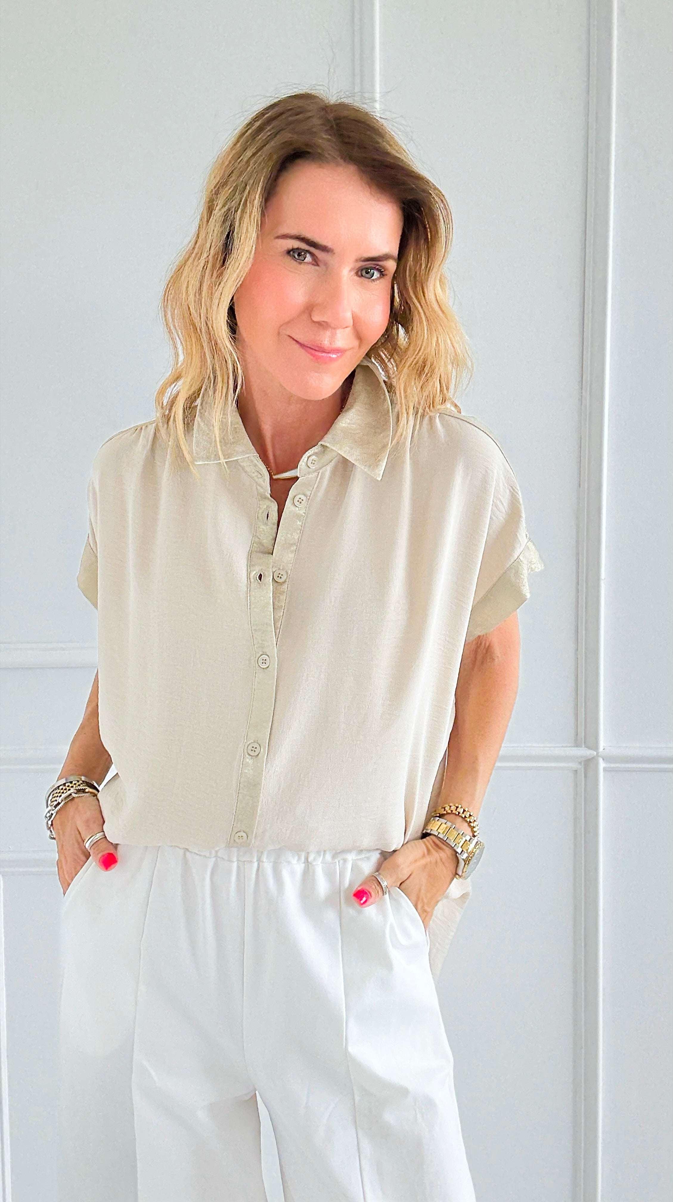 Laguna Shimmer Top - Oatmeal-110 Short Sleeve Tops-Jodifl-Coastal Bloom Boutique, find the trendiest versions of the popular styles and looks Located in Indialantic, FL