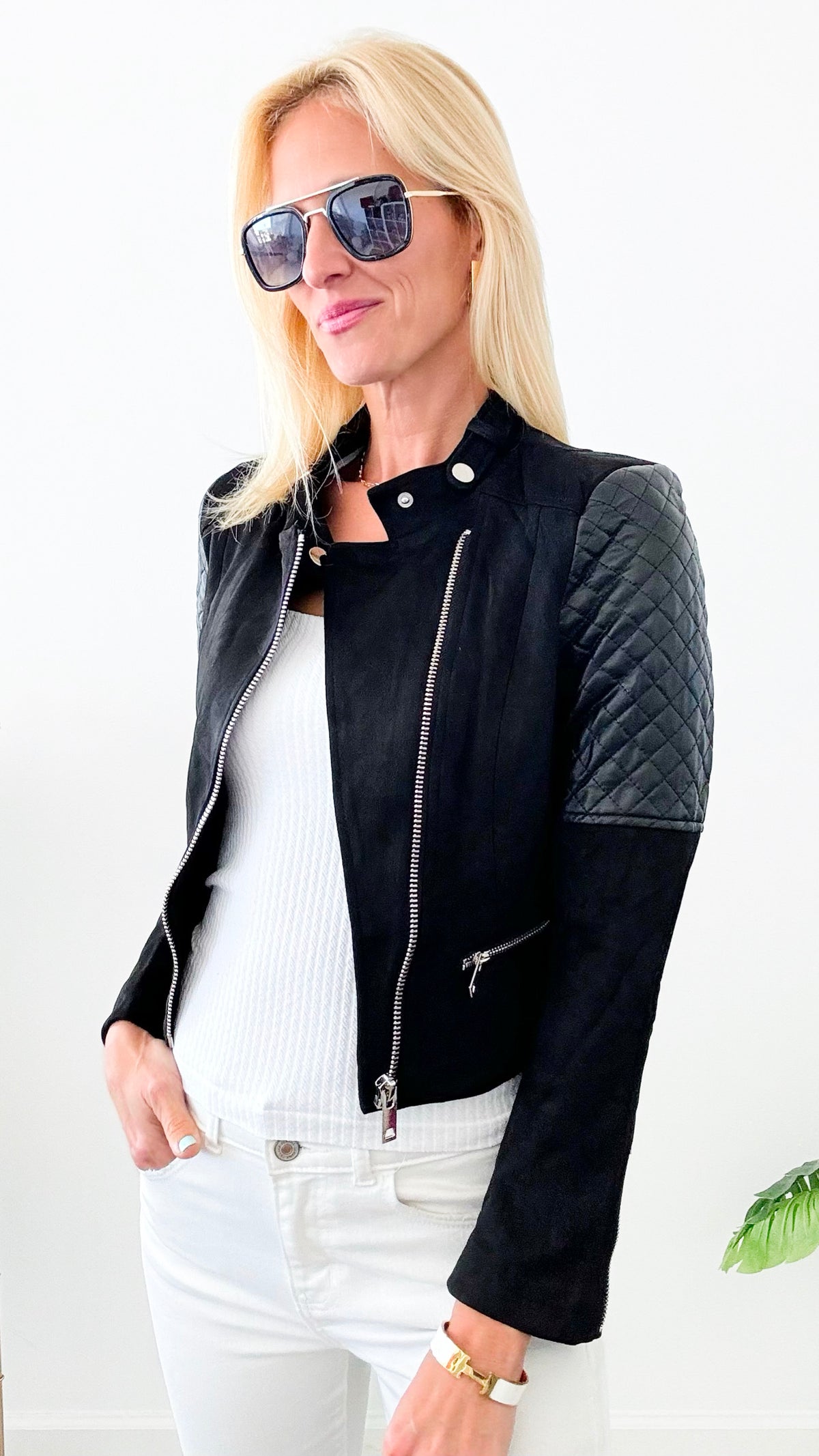 Zipper Ribbed Arm Top Jacket-Black-160 Jackets-Michel-Coastal Bloom Boutique, find the trendiest versions of the popular styles and looks Located in Indialantic, FL