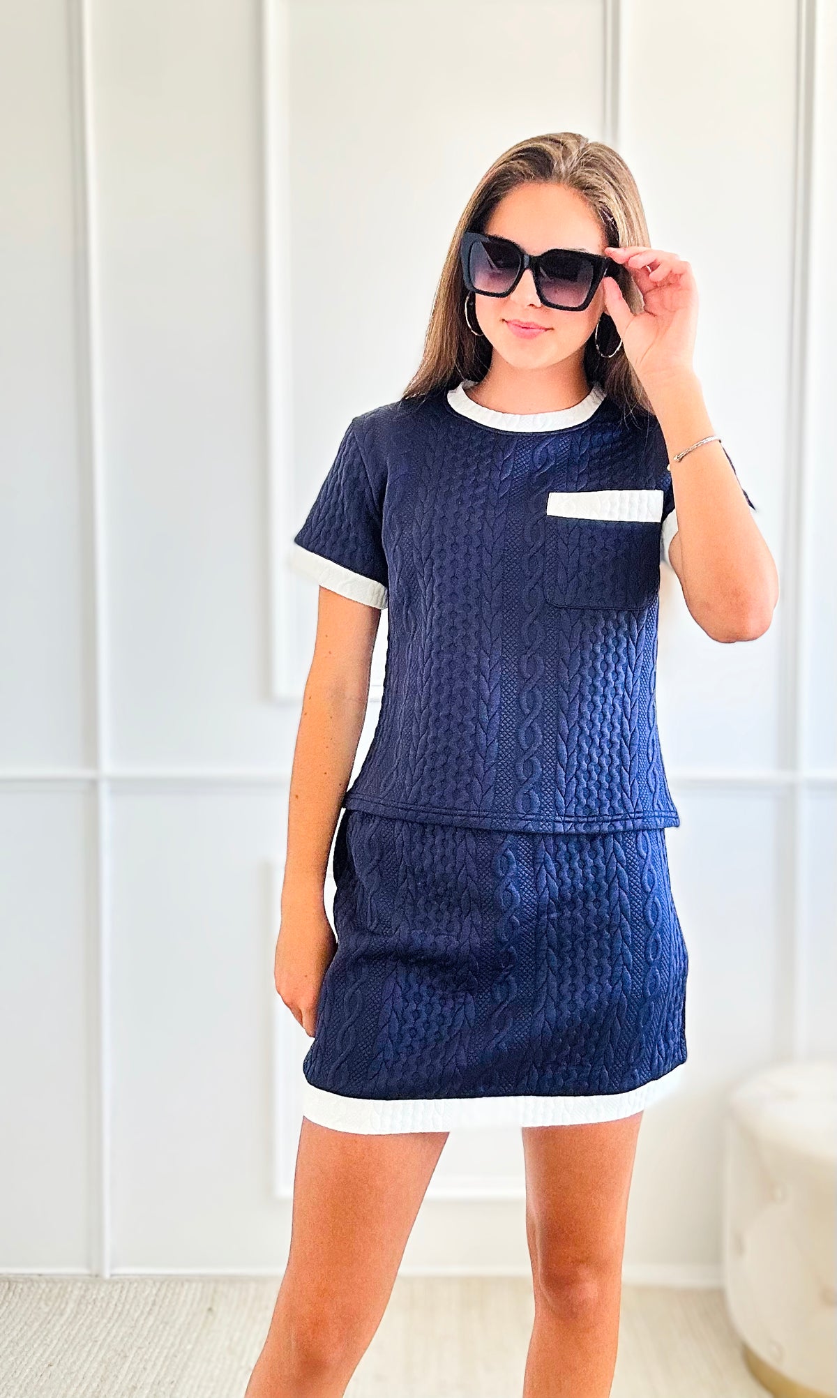 Cable Twist Round Neck Set- Navy/White-170 Bottoms-Why Dress-Coastal Bloom Boutique, find the trendiest versions of the popular styles and looks Located in Indialantic, FL