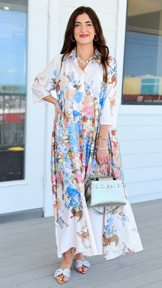 Botanical Floral Button Up Italian Maxi Dress- Ivory