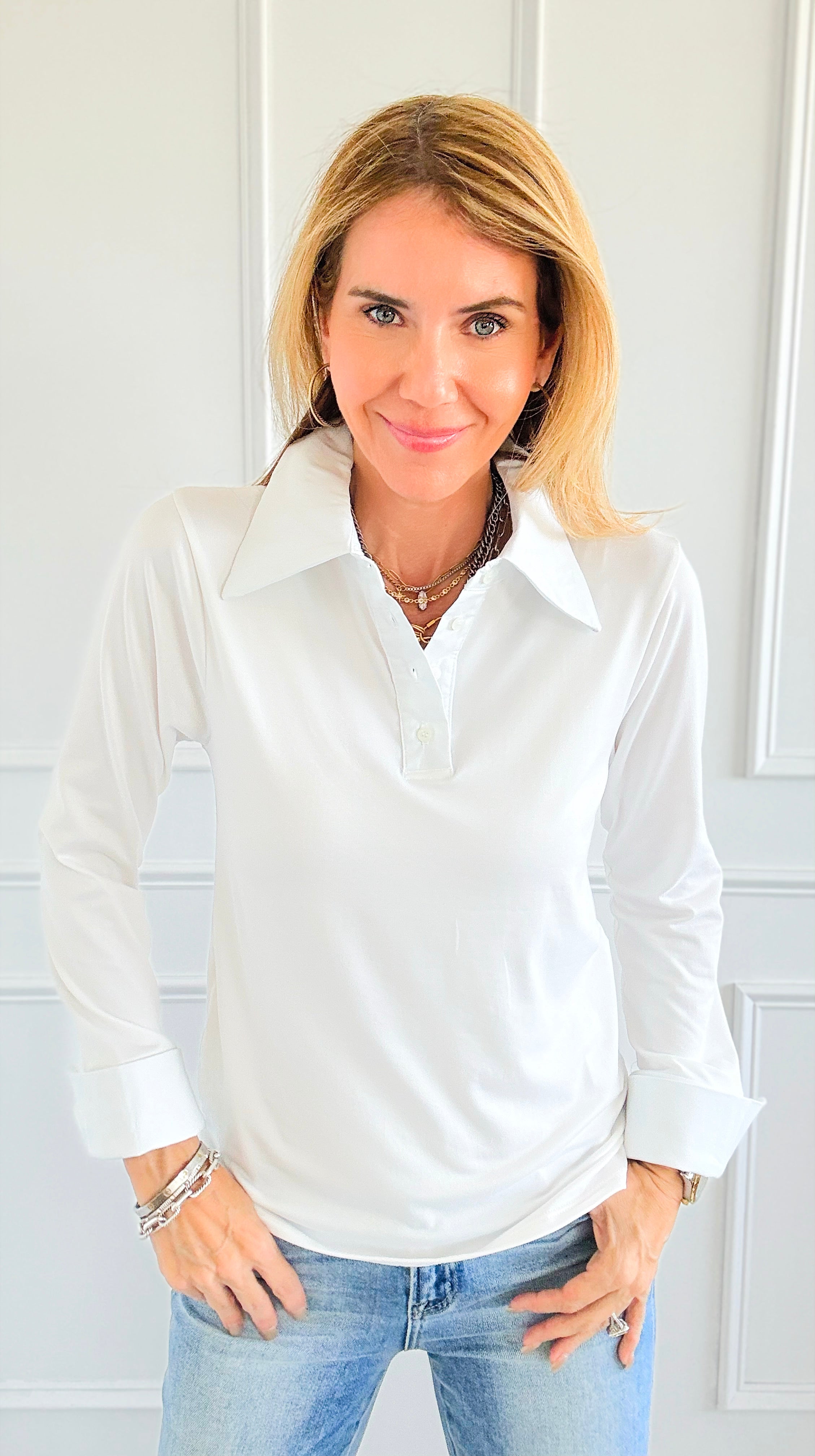 The Frankie Button Down Top - White-130 Long Sleeve Tops-EC COLLECTION INC-Coastal Bloom Boutique, find the trendiest versions of the popular styles and looks Located in Indialantic, FL