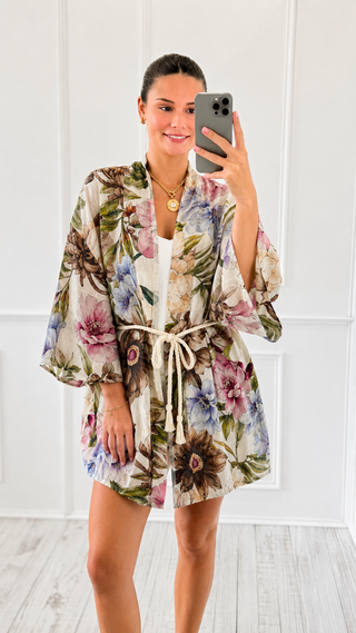 Blooming Romance Italian Linen Kimono- Brown