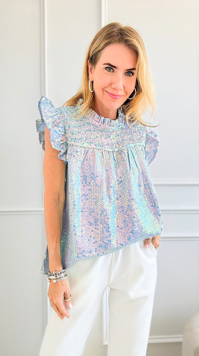 Sequin All-Over Smocked Gingham Top-100 Sleeveless Tops-BIBI-Coastal Bloom Boutique, find the trendiest versions of the popular styles and looks Located in Indialantic, FL