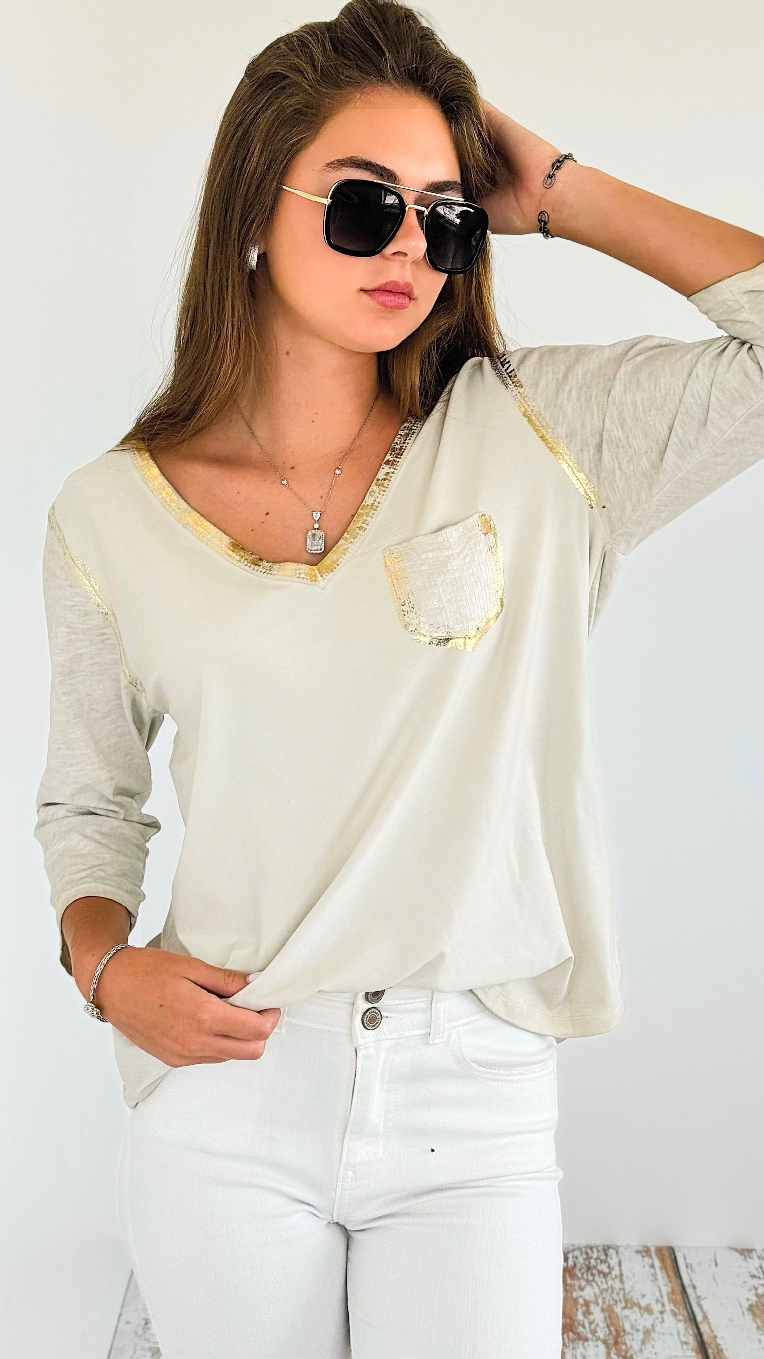 Foil Detailed V- Neck Italian Top-100 Sleeveless Tops-UM-Coastal Bloom Boutique, find the trendiest versions of the popular styles and looks Located in Indialantic, FL