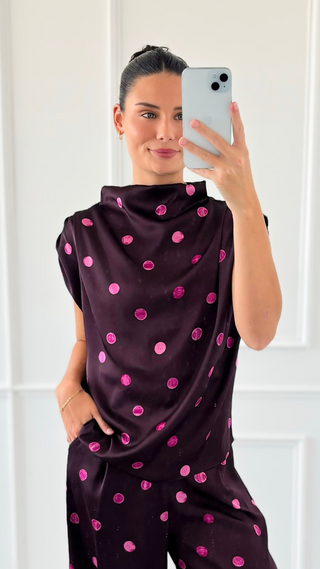 Draped Polka Dot Top - Plum